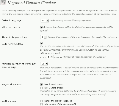 Options page of the keyword density checker