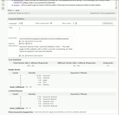 Additional input fields and statistical informations about the content at edit-post/page dialog